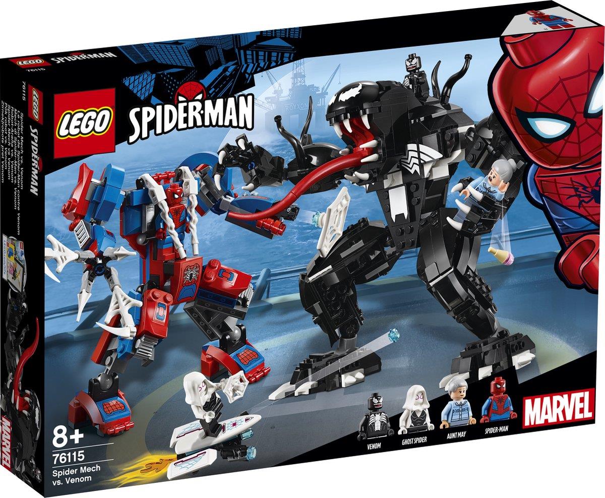 LEGO Spider-Mech vs. Venom set 76115 with Spider-Man, Venom, Ghost-Spider, and Aunt May minifigures plus two large mechs
-box image