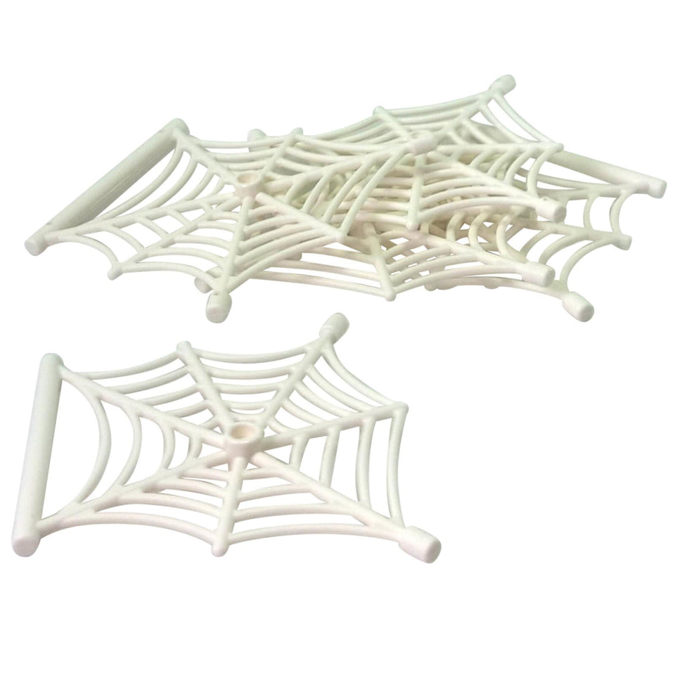 White LEGO® Spider Web, Flat pieces (90981) with curved web strands, a central hollow stud and bar ends, photographed on a white background.