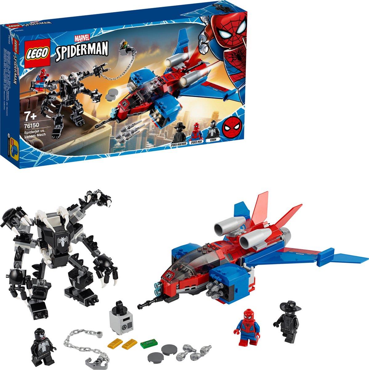 LEGO® Spiderjet vs. Venom Mech (76150) modelo construido – jet de Spider-Man y Mech de Venom con minifiguras.
