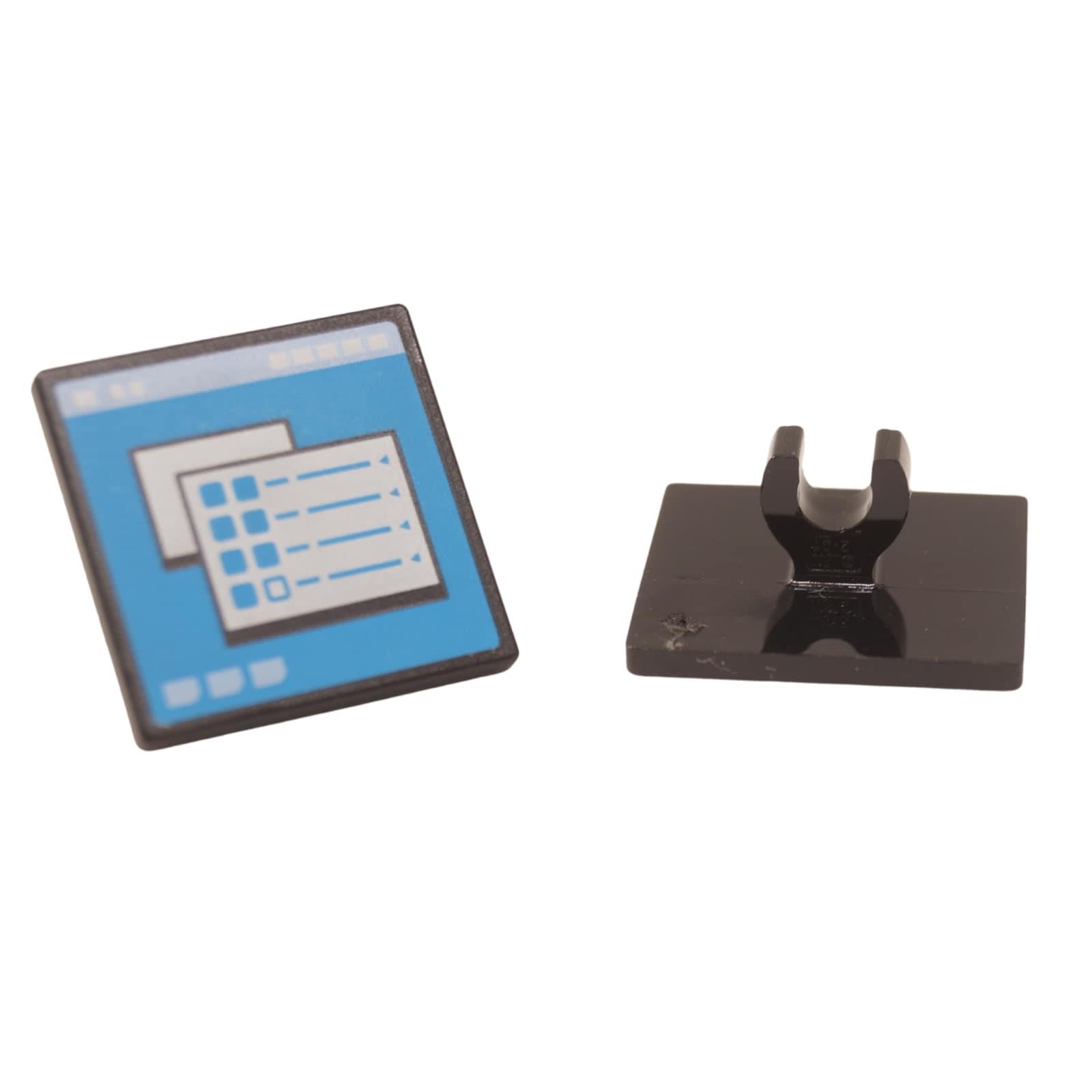 LEGO Square Computer Screen with Clip 15210pb085 černý díl se znakem s modrým potiskem plochy na přední a zadní straně