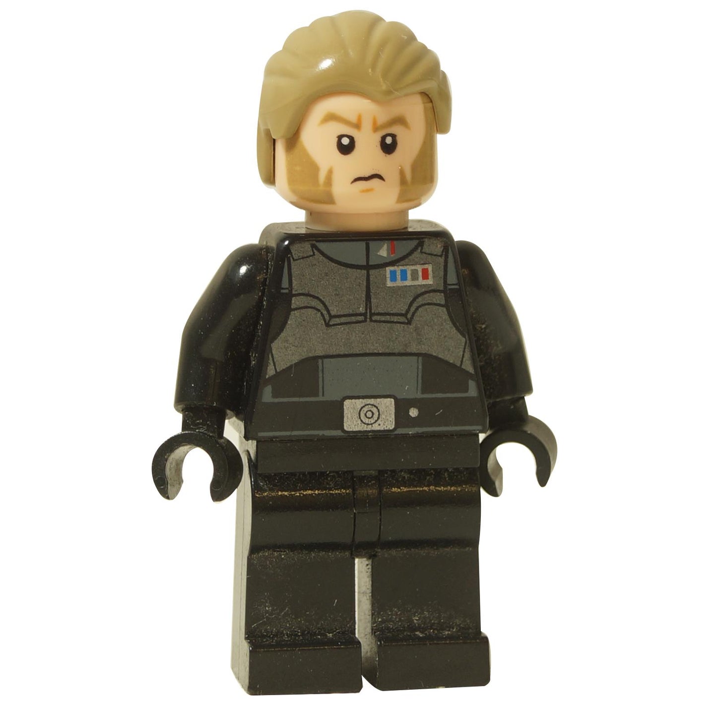 LEGO® Star Wars Agent Kallus minifigure (sw0647) with his distinctive sideburns, hairpiece, and black Imperial Security Bureau armor, front view.