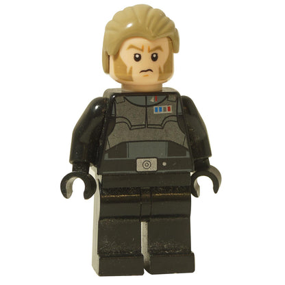 LEGO® Star Wars Agent Kallus minifigure (sw0647) with his distinctive sideburns, hairpiece, and black Imperial Security Bureau armor, front view.