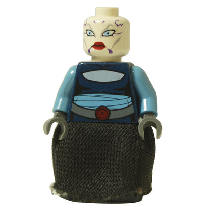LEGO® Star Wars Asajj Ventress minifigure (sw0195) front view with dark blue torso, light blue arms, and black fabric skirt.