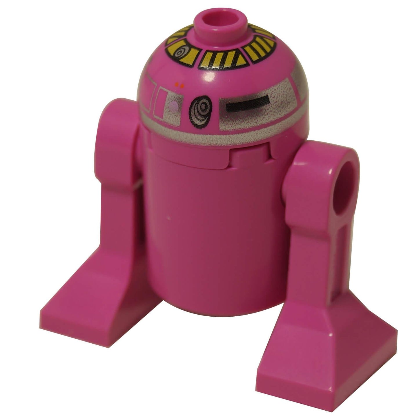 LEGO® Droide astromecánico QT-KT de Star Wars en rosa con paneles impresos detallados, cuerpo clásico estilo R2 y patas laterales, vista de perfil trasero
