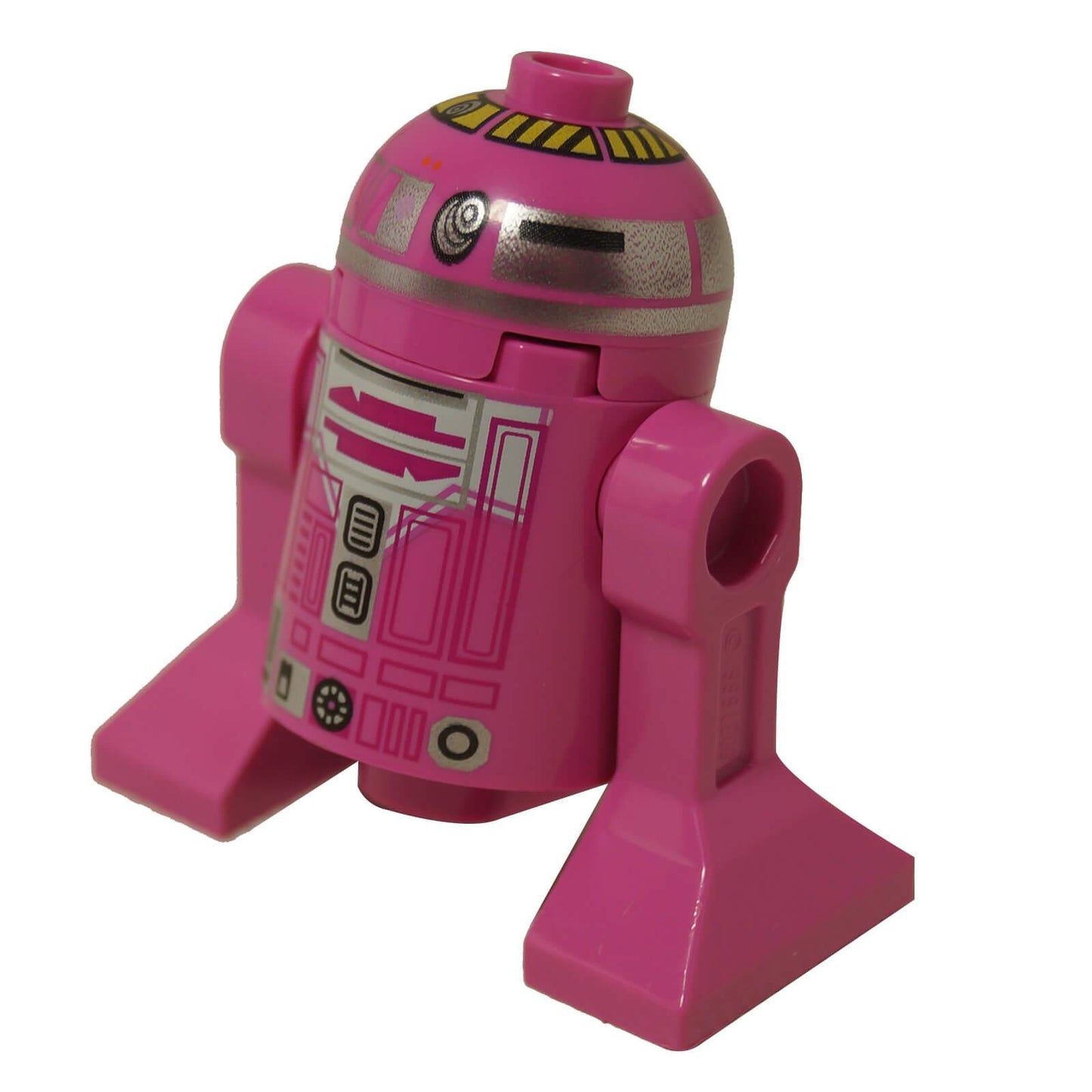 LEGO® Droide astromecánico QT-KT de Star Wars en rosa con paneles impresos detallados, cuerpo clásico estilo R2 y patas laterales, vista de perfil izquierdo
