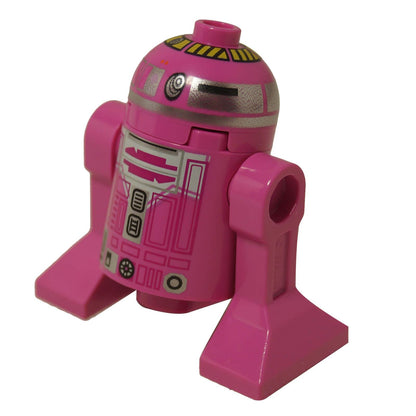 LEGO® Droide astromecánico QT-KT de Star Wars en rosa con paneles impresos detallados, cuerpo clásico estilo R2 y patas laterales, vista de perfil izquierdo
