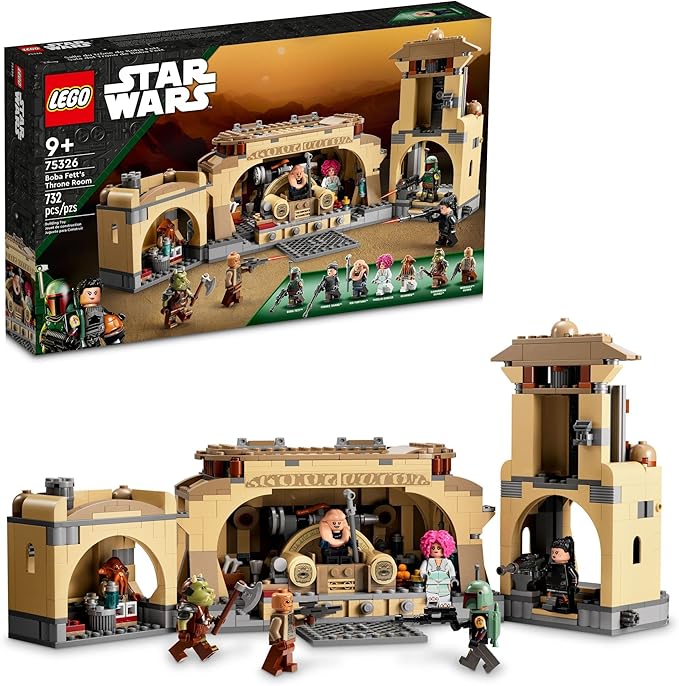 LEGO Star Wars Boba Fett Throne Room 75326 set with minifigures and interior details box