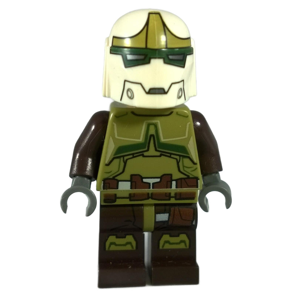 LEGO® Star Wars Bounty Hunter minifigure (sw0476) with unique olive green and brown armor and a glow-in-the-dark head, front view.