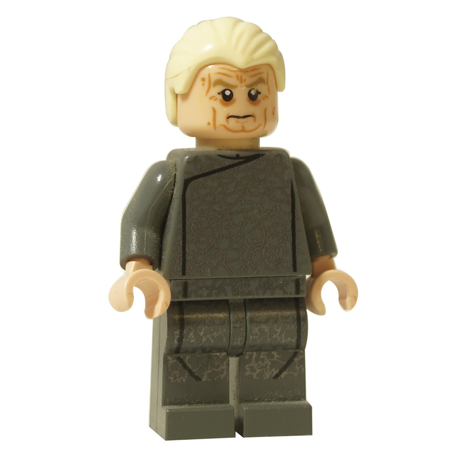 LEGO® Star Wars Chancellor Palpatine minifigure (sw0540) wearing a dark gray outfit with aged face print and light nougat hands, front view.