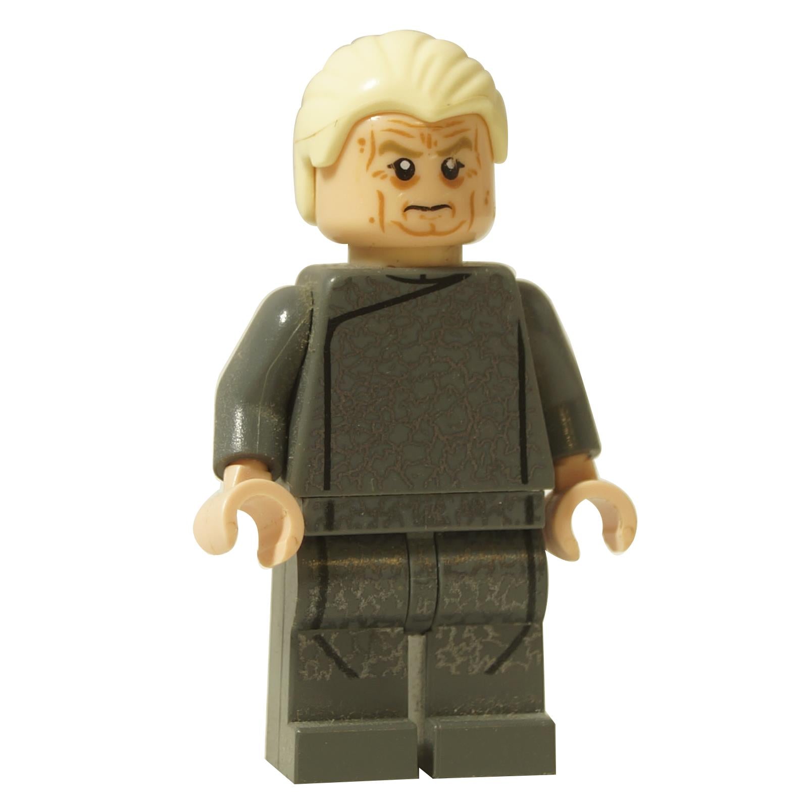 LEGO® Star Wars Chancellor Palpatine minifigure (sw0540) wearing a dark gray outfit with aged face print and light nougat hands, front view.
