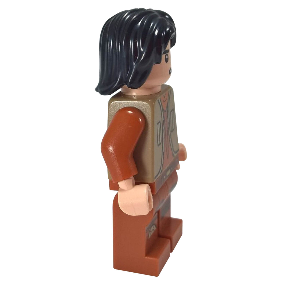 LEGO® Star Wars Rebels Ezra Bridger sw0574 minifigure with black tousled hair, Dark Tan vest and printed Dark Orange legs - sideview