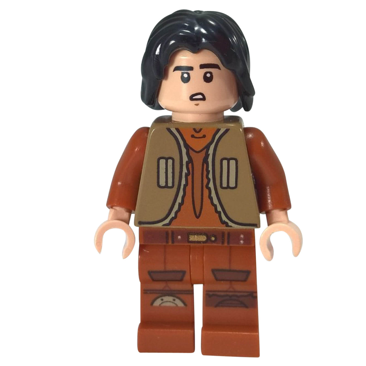 LEGO® Star Wars Rebels Ezra Bridger sw0574 minifigure with black tousled hair, Dark Tan vest and printed Dark Orange legs
