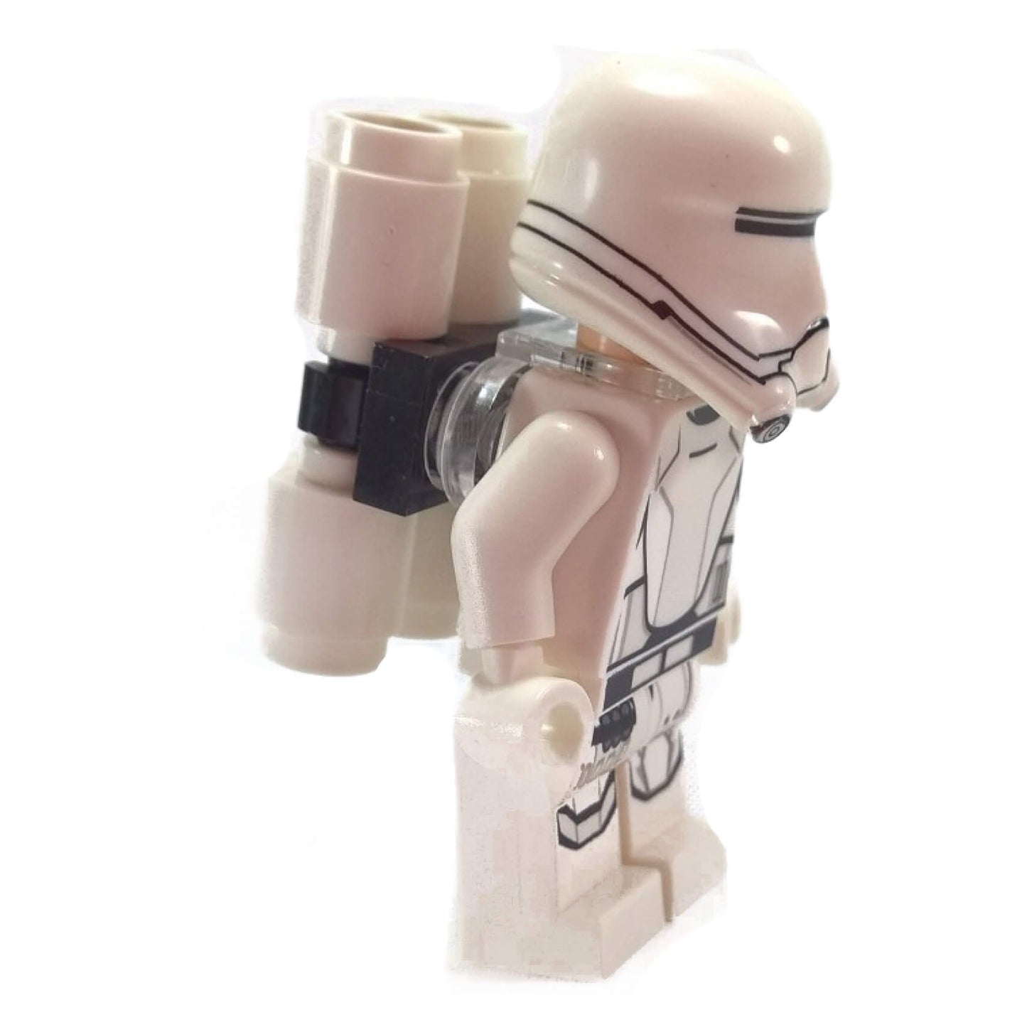 Front view of LEGO® Star Wars First Order Flametrooper Minifigure (sw0666) with white armor, black printed details, and flamethrower backpack.