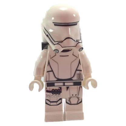 Rear view of LEGO® Star Wars First Order Flametrooper Minifigure (sw0666) featuring dual canister flamethrower pack and white armor.
