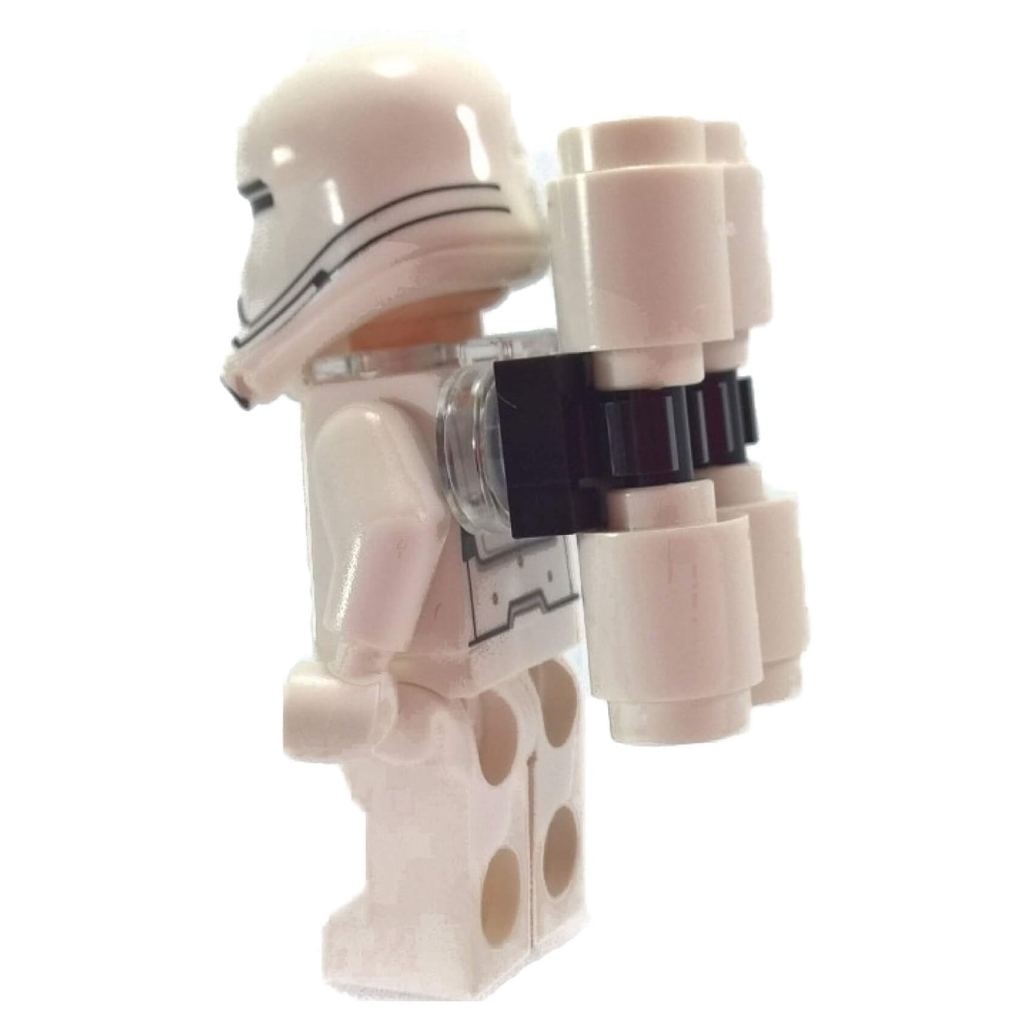 Side view of LEGO® Star Wars First Order Flametrooper Minifigure (sw0666) showing helmet design and mounted flamethrower tank.