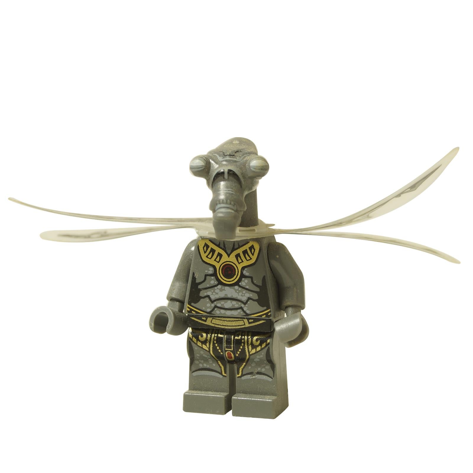 LEGO® Minifigura de zombi geonosiano de Star Wars (sw0382) con alas y armadura impresa, vista frontal.