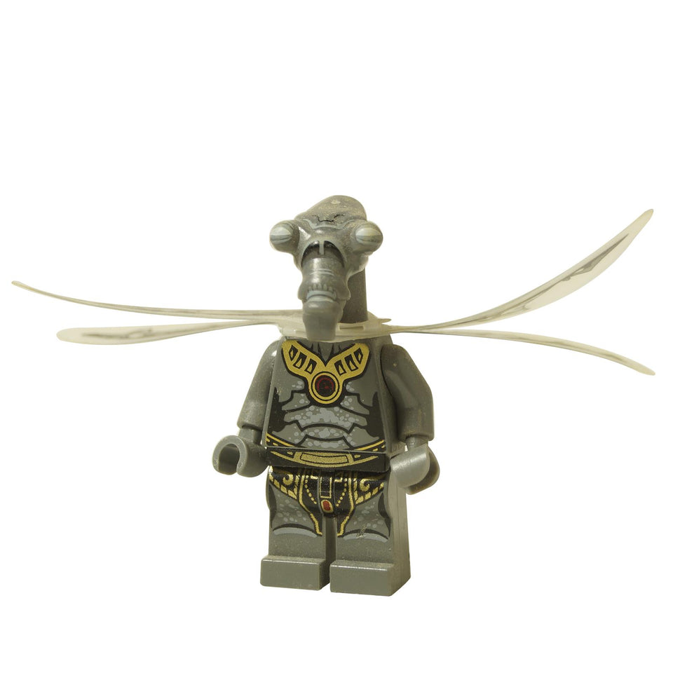 LEGO® Minifigura de zombi geonosiano de Star Wars (sw0382) con alas y armadura impresa, vista frontal.