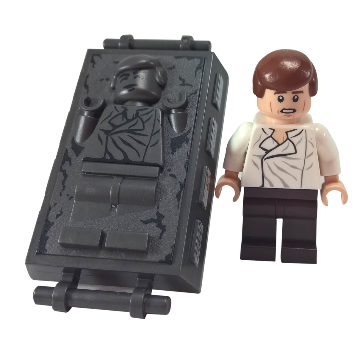 LEGO® Star Wars Han Solo sw0714 with White shirt and Dark Brown legs alongside Pearl Dark Gray Han Solo with carbonite block