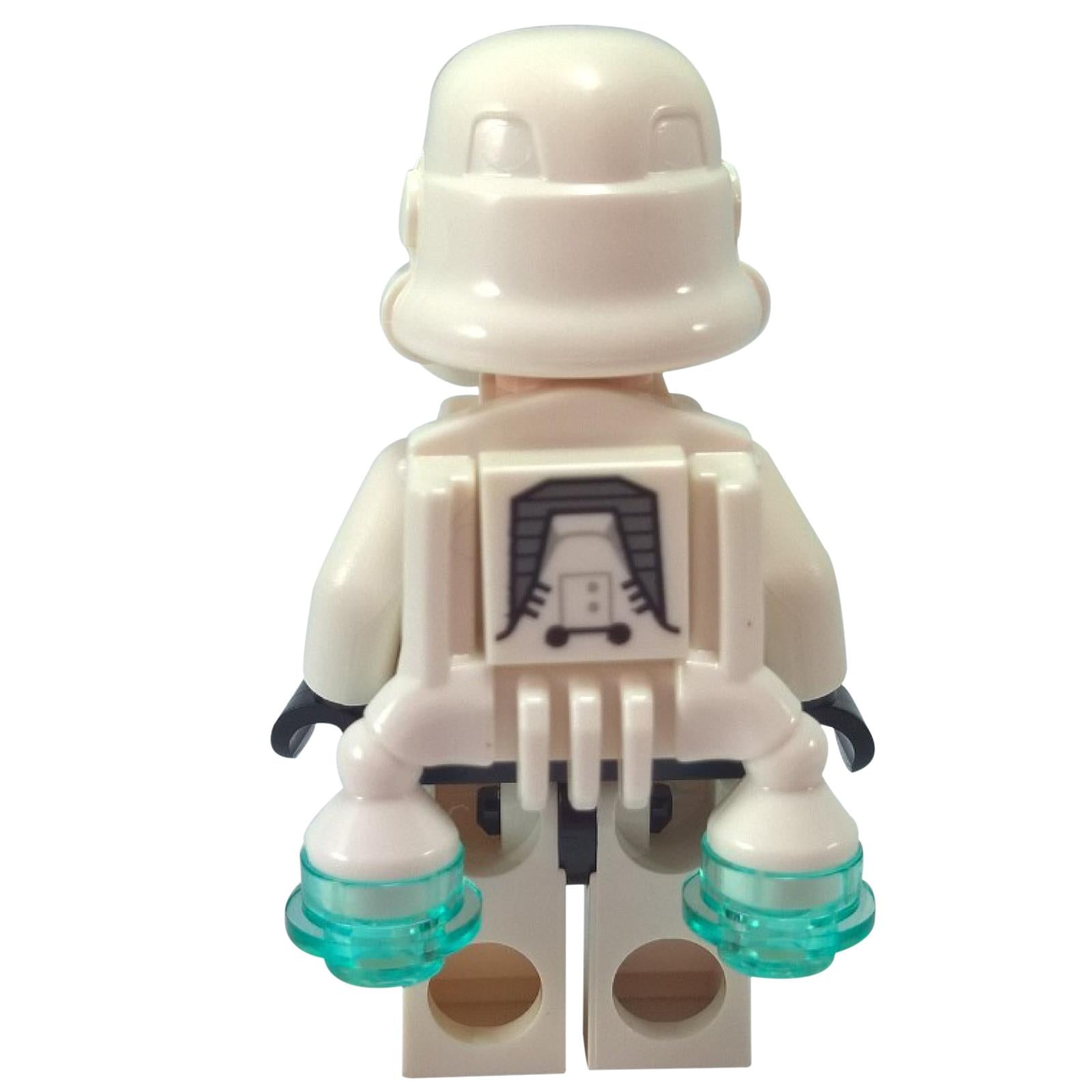 LEGO® Star Wars Imperial Jet Pack Trooper minifigure back view showing printed jet pack and blue thrusters.
