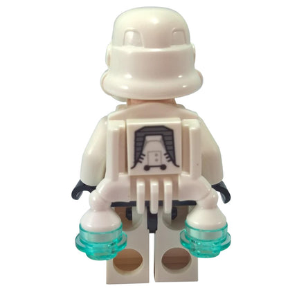 LEGO® Star Wars Imperial Jet Pack Trooper minifigure back view showing printed jet pack and blue thrusters.
