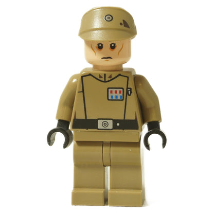 LEGO® Star Wars Imperial Officer minifigure (sw0623) in a dark tan uniform with rank plaque and cap, front view.