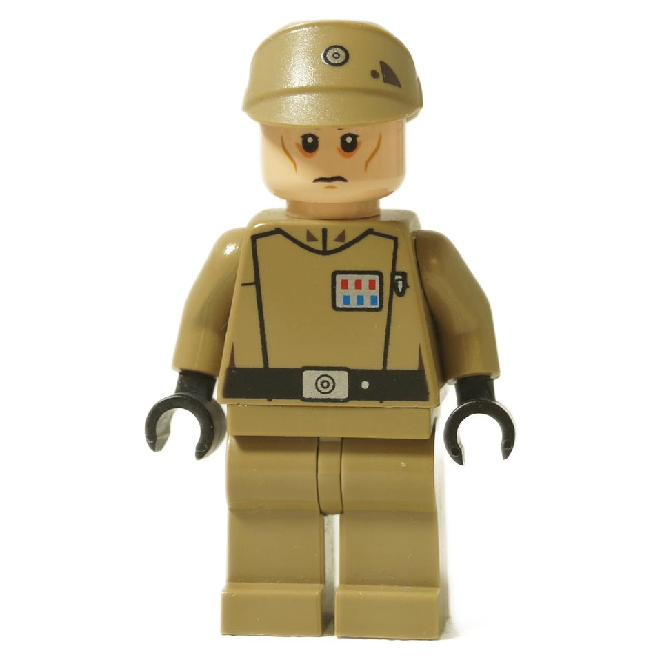 LEGO® Star Wars Imperial Officer minifigure (sw0623) in a dark tan uniform with rank plaque and cap, front view.