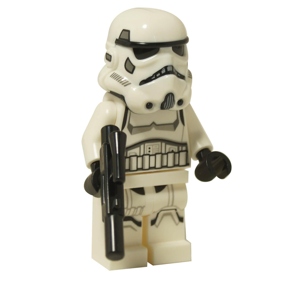 LEGO® Minifigura de Stormtrooper Imperial de Star Wars sw1275 con armadura blanca y casco, sosteniendo un rifle blaster negro
