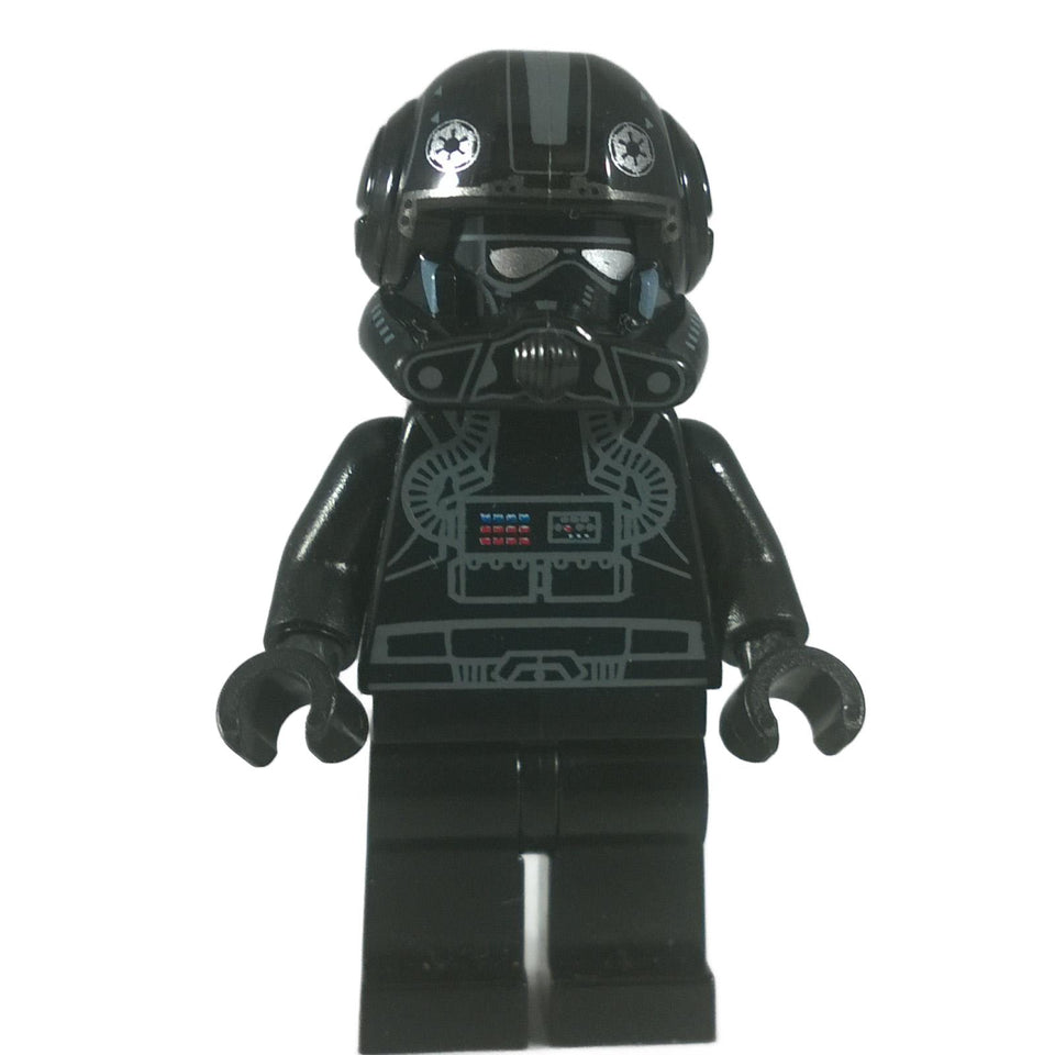 LEGO® Star Wars Imperial V-wing Pilot minifigure (sw0304) with detailed black helmet and flight suit, front view.