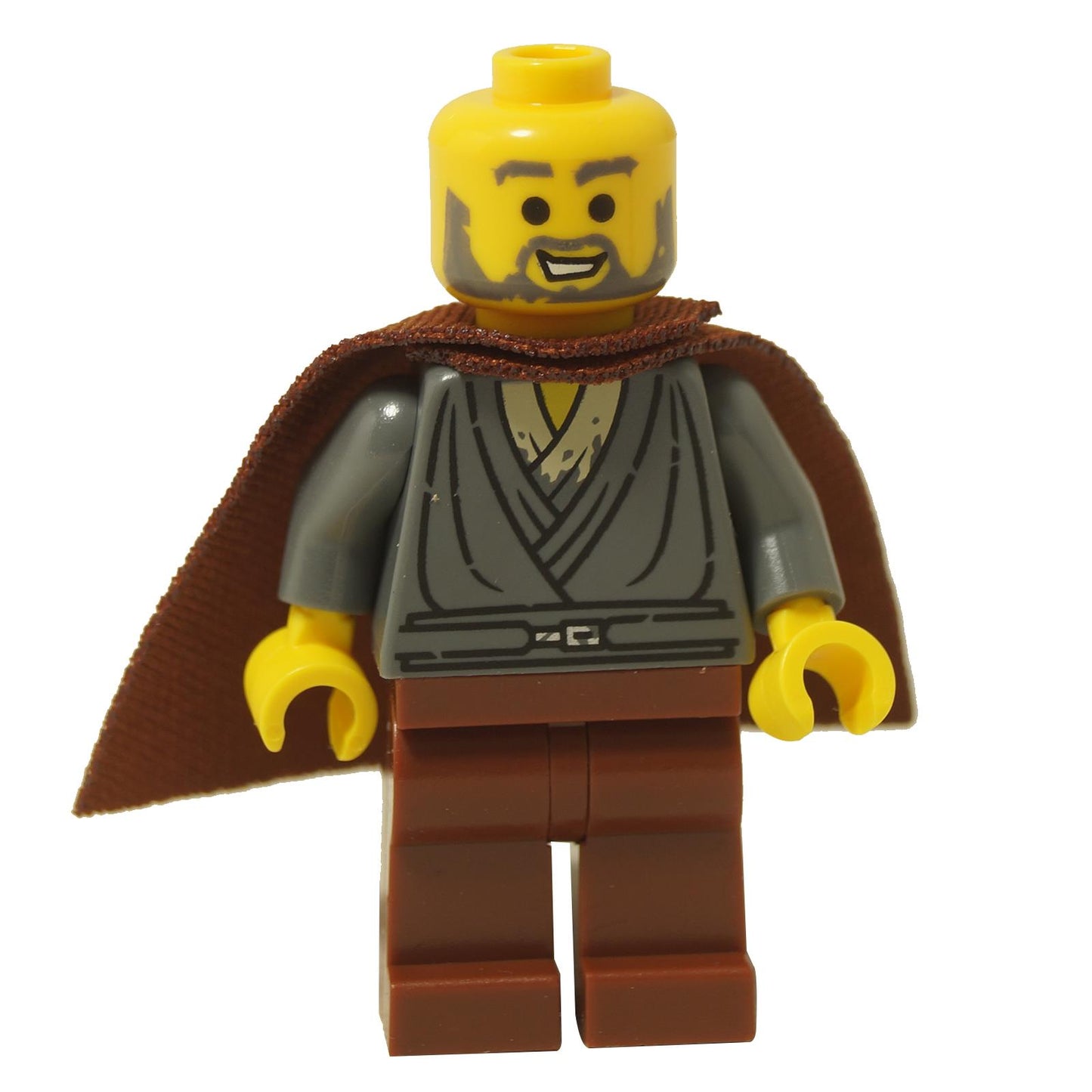 LEGO® Star Wars Jedi Bob minifigure (sw1379) with brown beard, dark tan Jedi robes, and brown cape, front view.