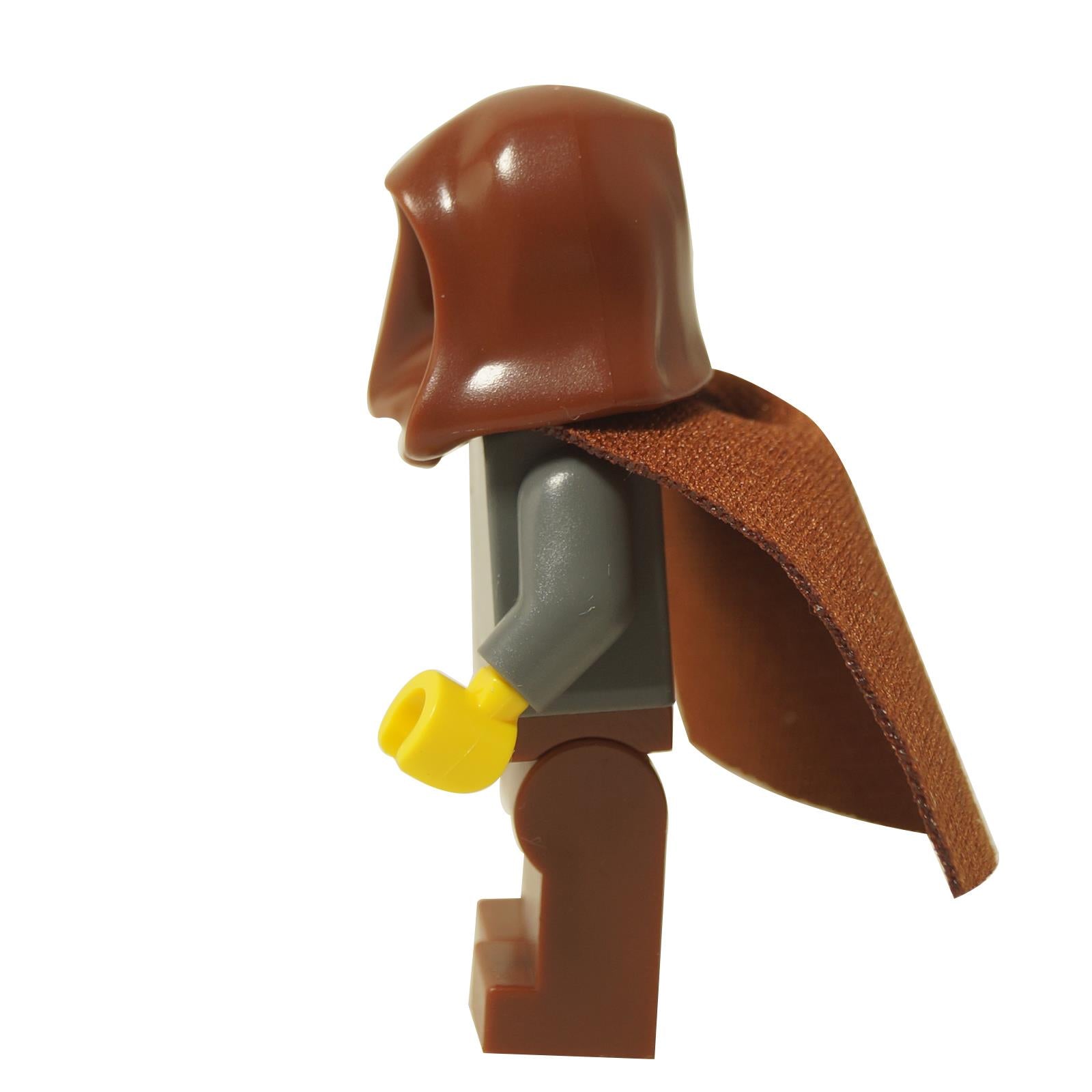 LEGO® Star Wars Jedi Bob minifigure (sw1379) wearing dark brown hood and cape, side profile.