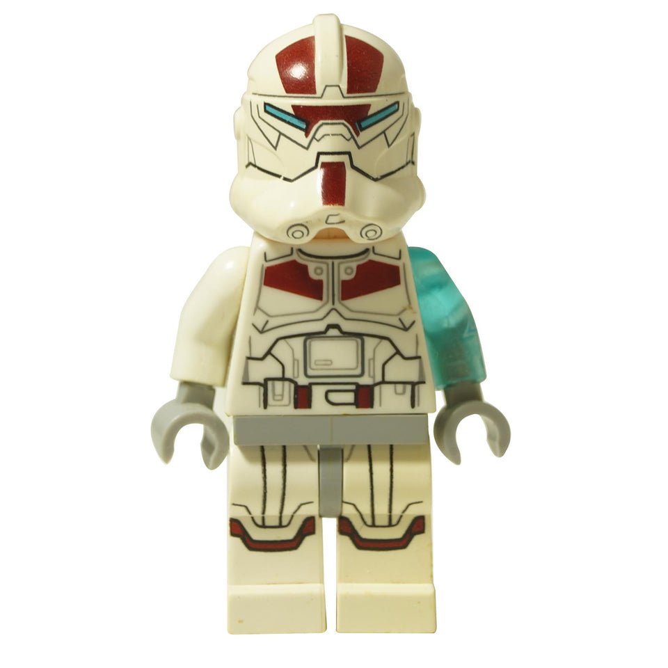 LEGO® Star Wars Jek-14 minifigure (sw0475) with  his helmet, showing his trans-light blue arm and unique head print.
