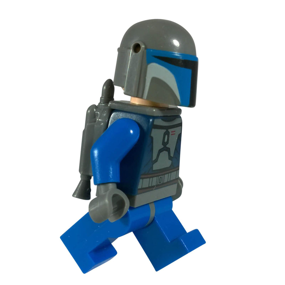 LEGO® Star Wars Mandalorian Death Watch Warrior minifigure sw0296 in gray helmet and jetpack, running with blue armor.