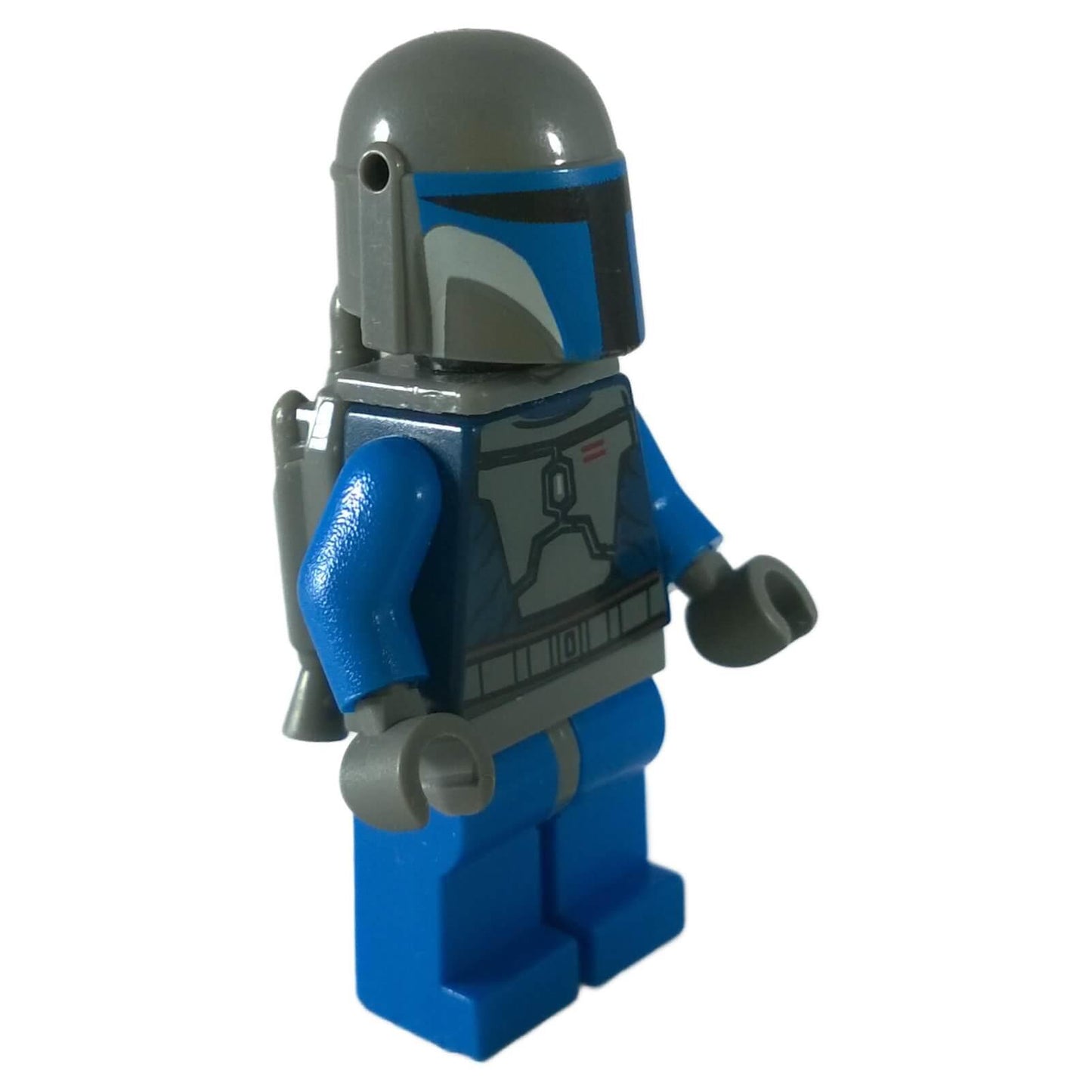 LEGO® Star Wars Mandalorian Death Watch Warrior minifigure sw0296 standing with gray helmet, blue armor, and jetpack.