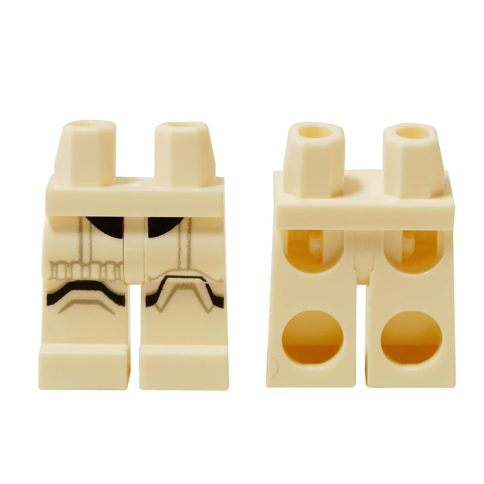 LEGO® Piernas de Stormtrooper de Mimban de Star Wars (970c00pb1377), color arena con impresión de armadura, mostrando tanto la parte frontal como la trasera de la pieza.