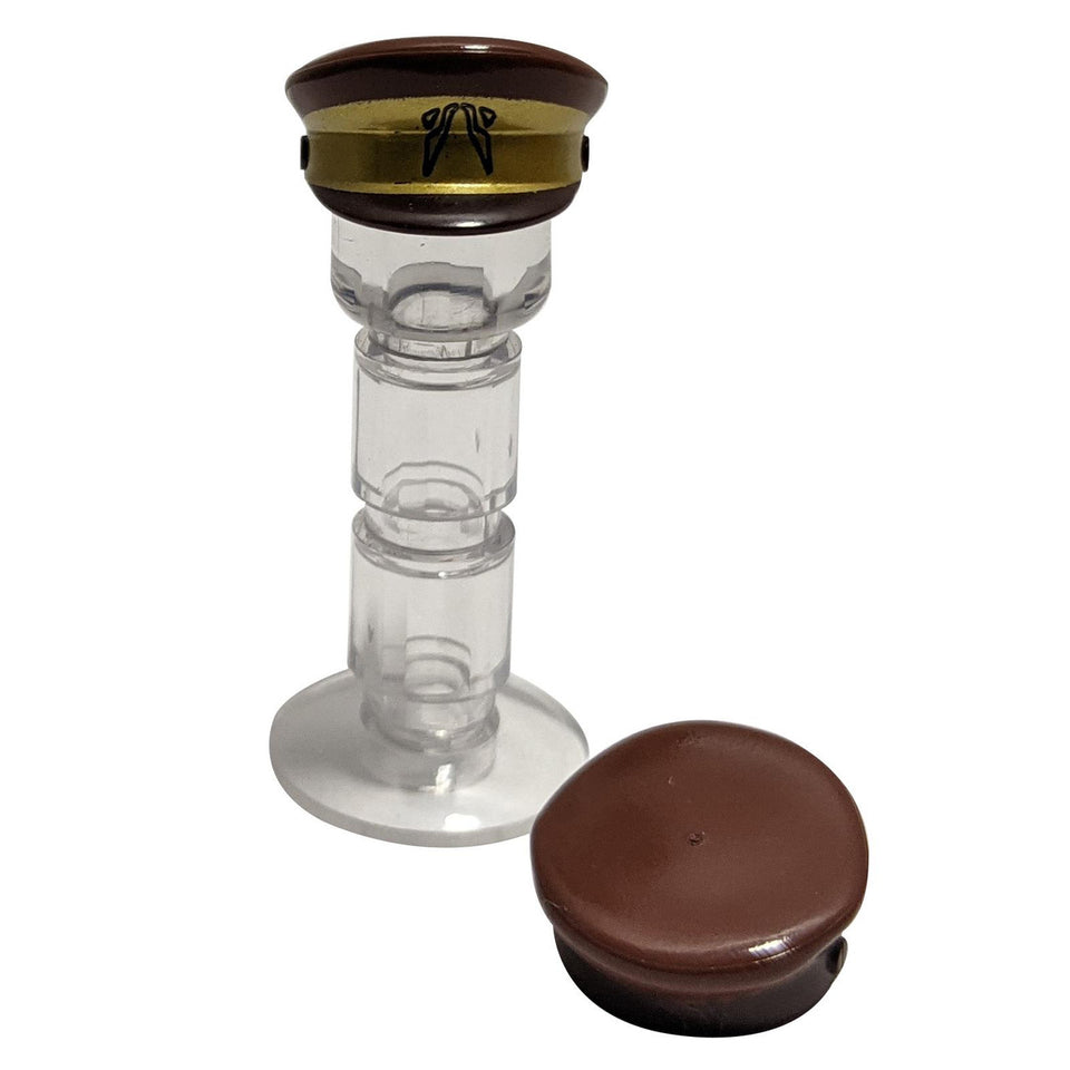 Dark brown LEGO captain's cap 12895pb02 with gold stripe and black insignia.