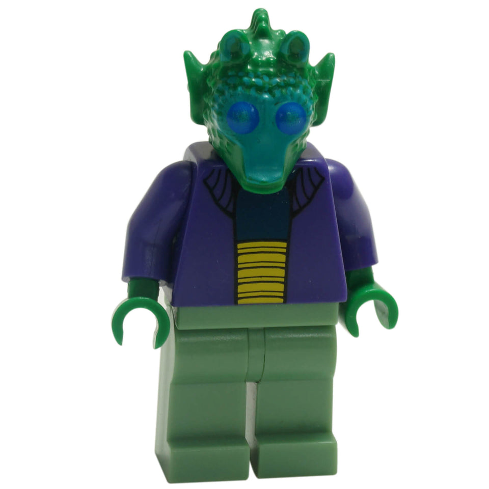 LEGO Star Wars Onaconda Farr minifigure sw0241 with green Rodian head, blue eyes, purple printed torso and green legs