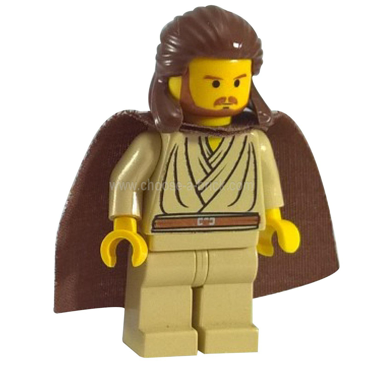 LEGO® Star Wars Qui-Gon Jinn minifigure (sw0027) with classic yellow head, Jedi robes, and brown cape, front view.