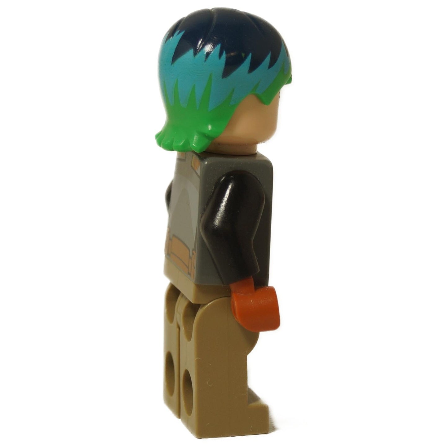A LEGO® Star Wars Sabine Wren Minifigura (sw0742) oldalnézete, élénk zöld és sötétkék hajjal.