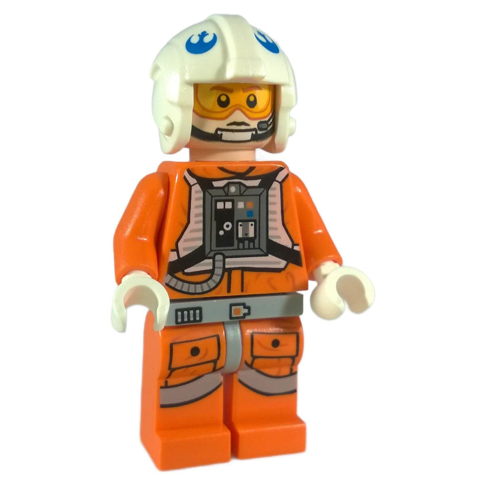 LEGO® Piloto de Snowspeeder de Star Wars Minifigura - Naranja traje de vuelo con controles en el pecho, casco Rebelde blanco con insignias azules y visera amarilla.