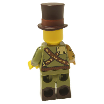  LEGO® Steampunk Inventor minifigure (col460) from Collectible Minifigures Series 27, with a top hat, goggles, and a detailed clockwork-themed suit. Back view.