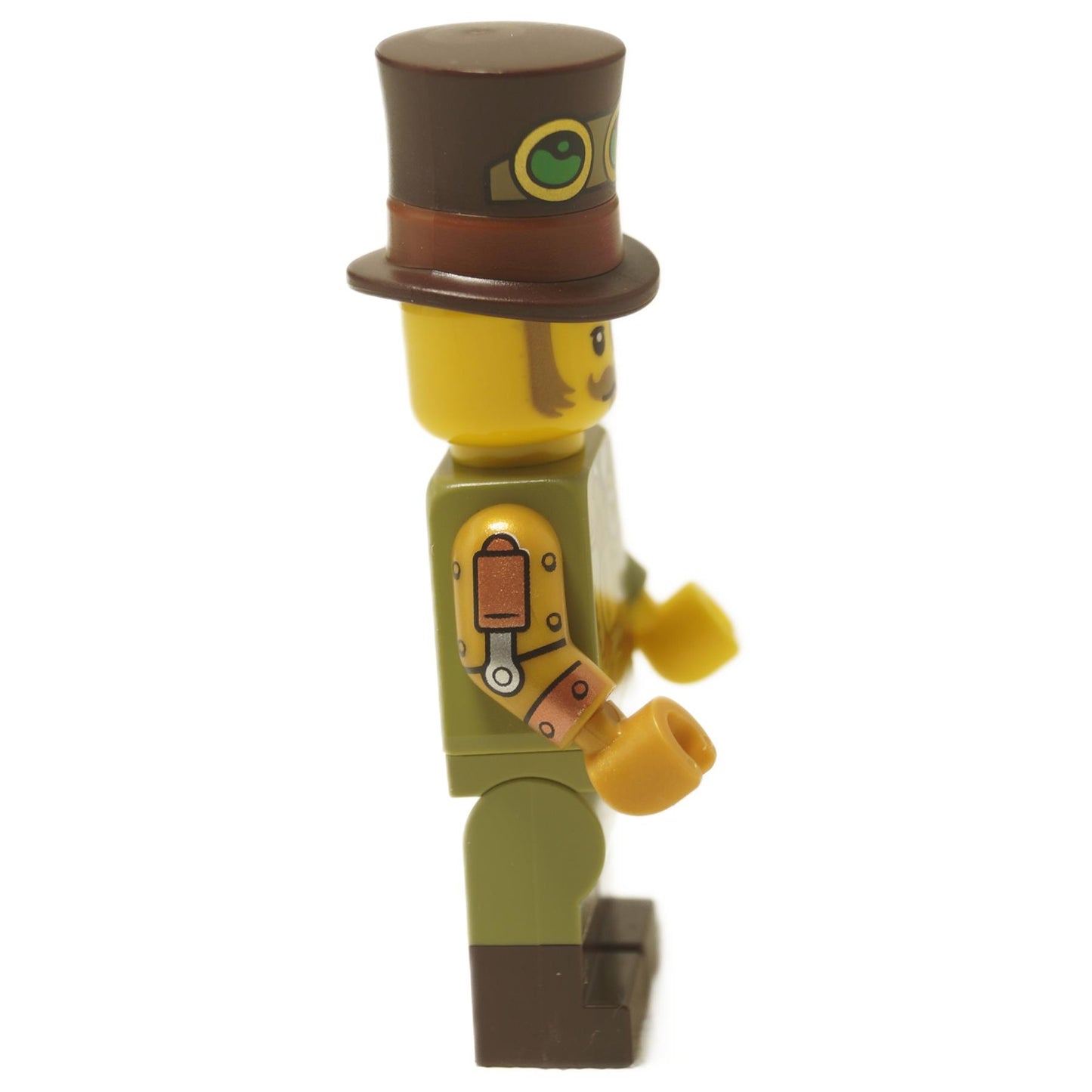  LEGO® Steampunk Inventor minifigure (col460) from Collectible Minifigures Series 27, with a top hat, goggles, and a detailed clockwork-themed suit. 
ide view.
