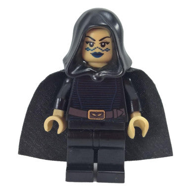LEGO Barriss Offee minifigure, black hood and cape, front view