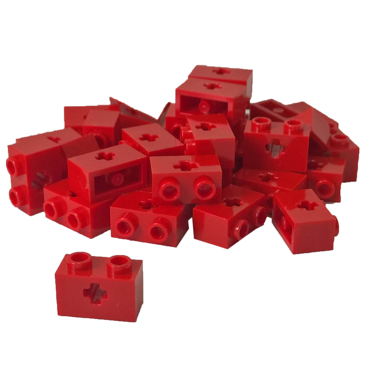 Red LEGO Technic 32064 brick 1 x 2 with cross-shaped axle hole