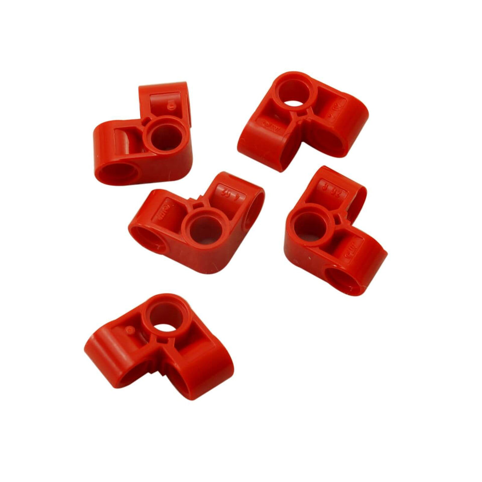 Red LEGO Technic 44809 pin connector perpendicular 2 x 2 bent with three round connection holes