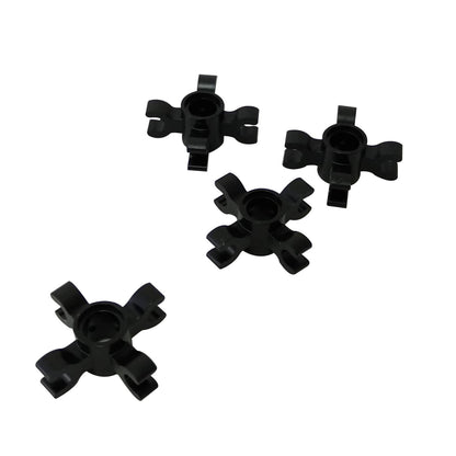 Black LEGO Technic 90202 round pin connector with four horizontal grip clips, shown from multiple angles