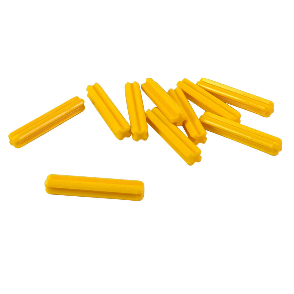 10 yellow LEGO Technic Axle 3L pieces, part 4519, with cross-shaped ends
