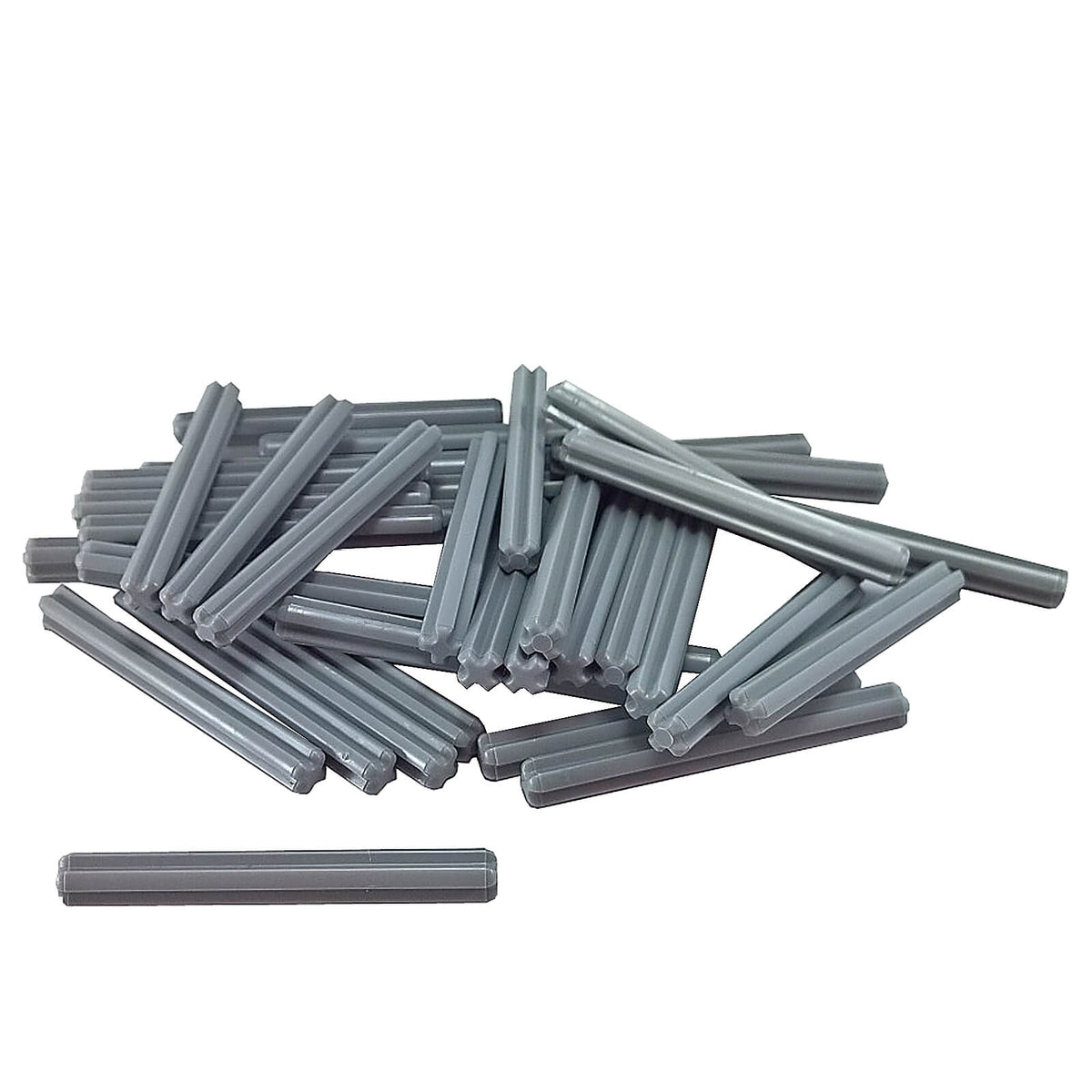 50 light bluish gray LEGO Technic Axle 5L pieces, part 32073, in a grouped product photo