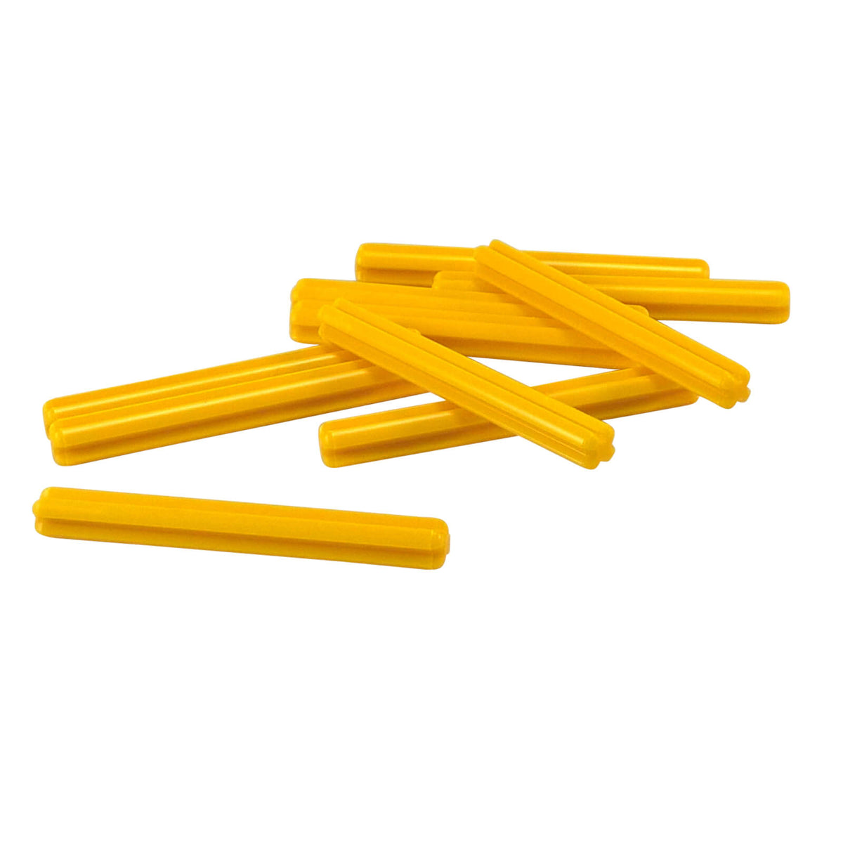 10 yellow LEGO Technic Axle 5L pieces, part 32073, arranged on a white background