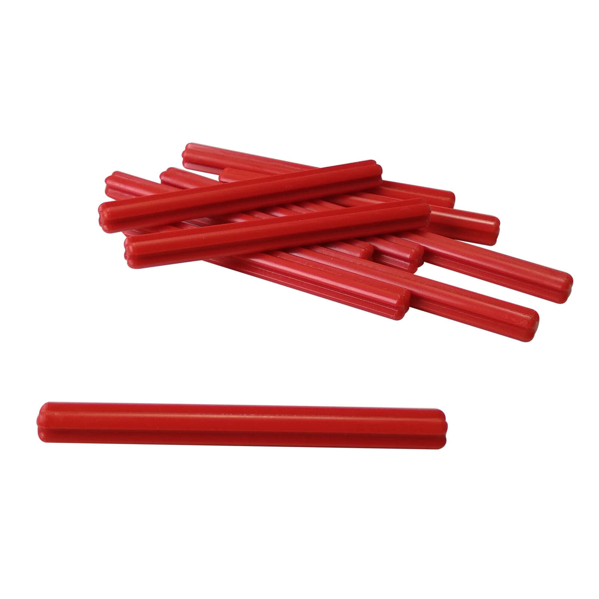 10 red LEGO Technic Axle 6L pieces, part 3706, showing the straight cross-shaped axle design