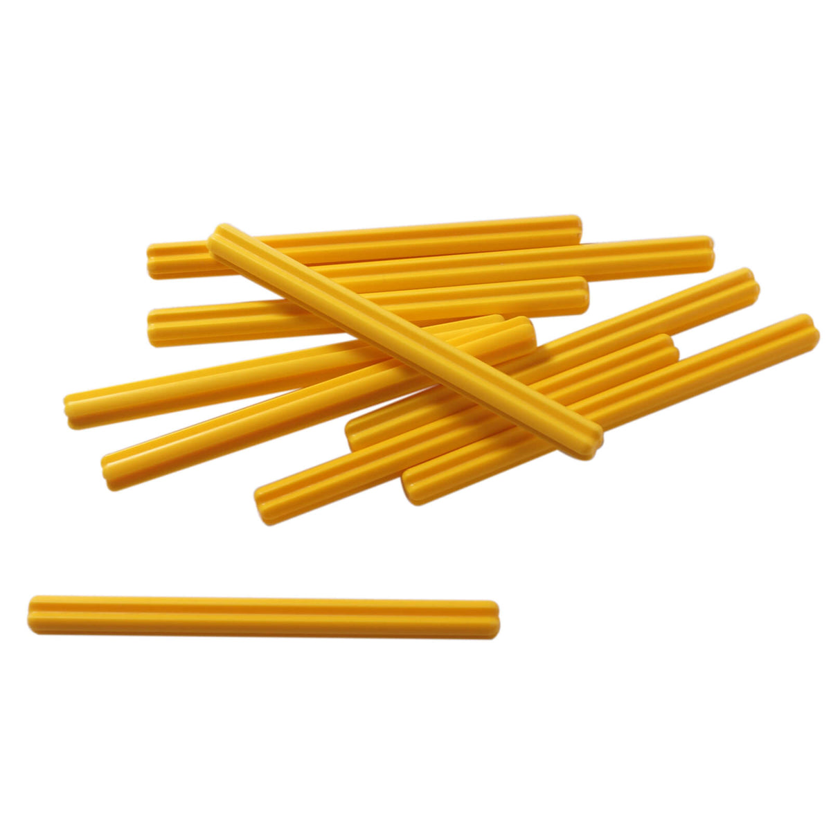 10 yellow LEGO Technic Axle 7L pieces, part 44294, showing the straight cross-shaped design